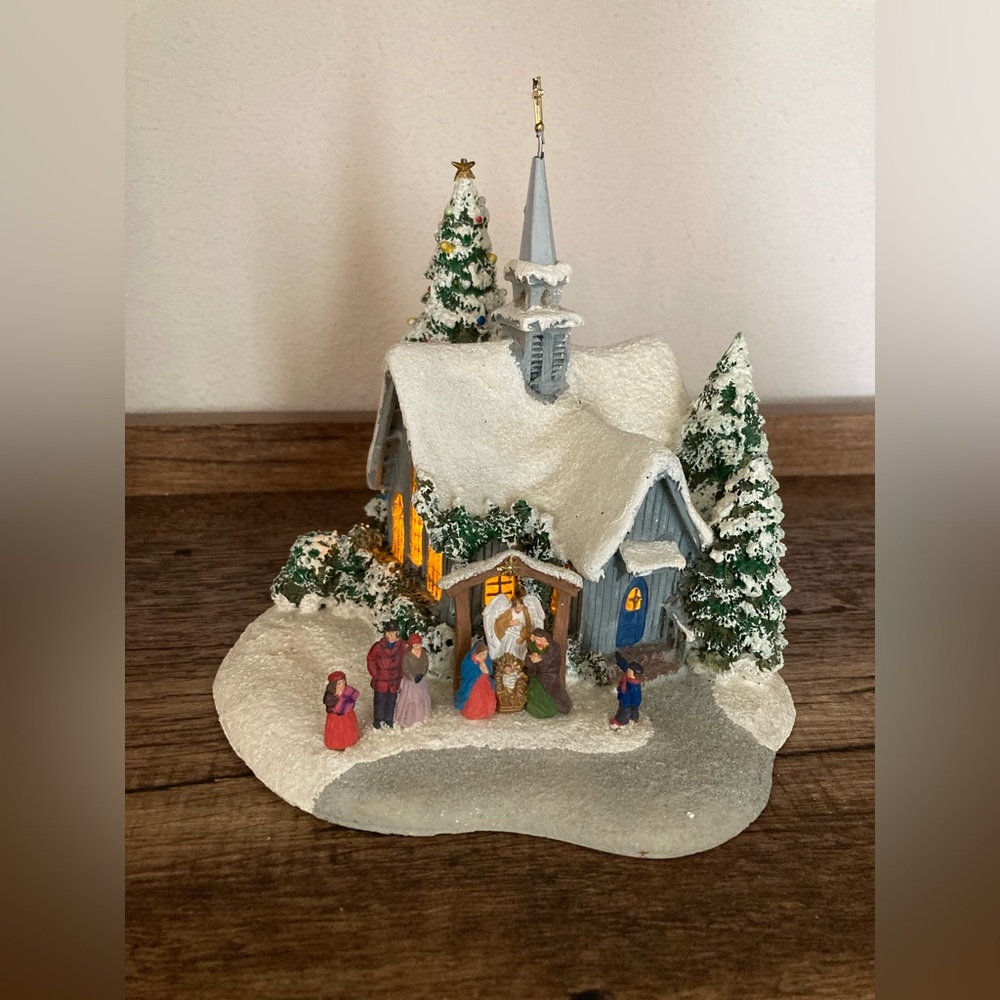 Vintage Thomas Kincade Snow-Covered Nativity Church Christmas Village lighted